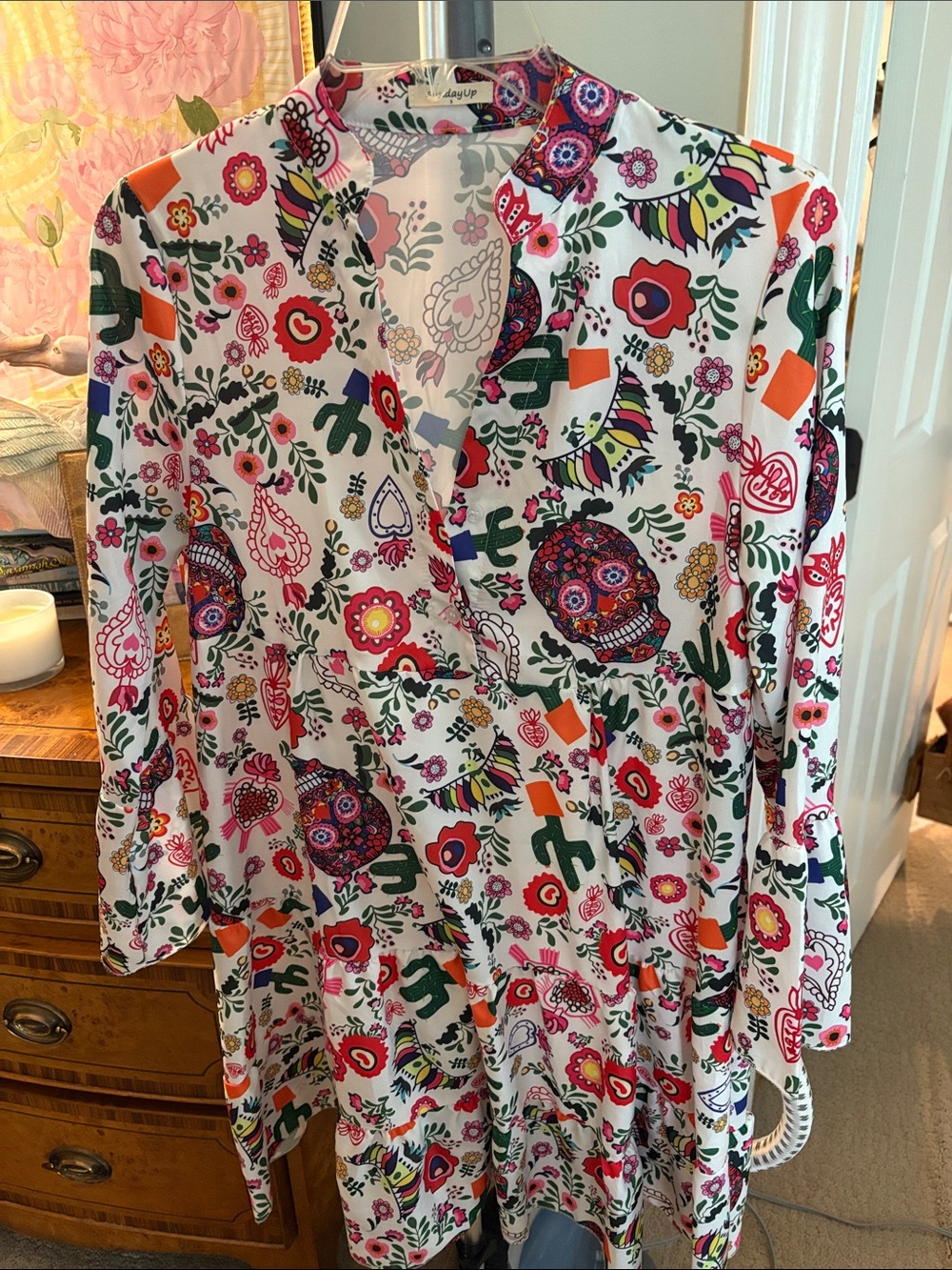 Floral & Skull Print Mini Dress - White with Multicolor Motif